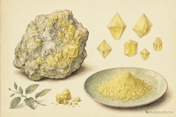 Mineralogische Illustration von Sulfur (Schwefel) – Ausgangssubstanz der homöopathischen Globuli