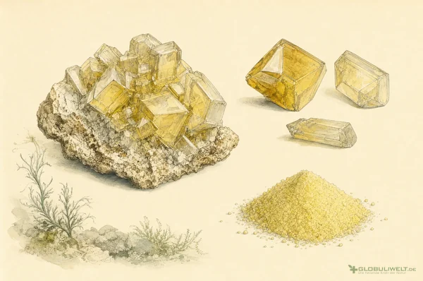Mineralogische Illustration von Sulfur Jodatum (Schwefeljodid) – Ausgangssubstanz der homöopathischen Globuli