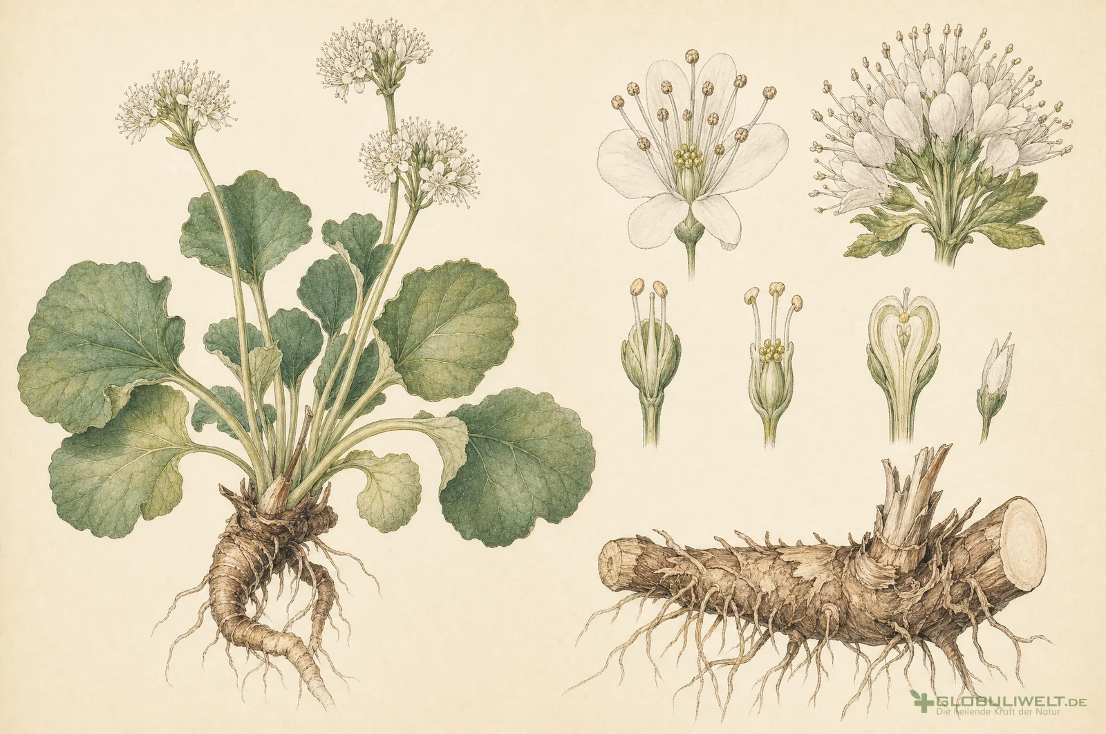 Botanische Illustration von Sumbulus (Moschuswurzel) (Moschuswurzel) – Ausgangssubstanz der homöopathischen Globuli