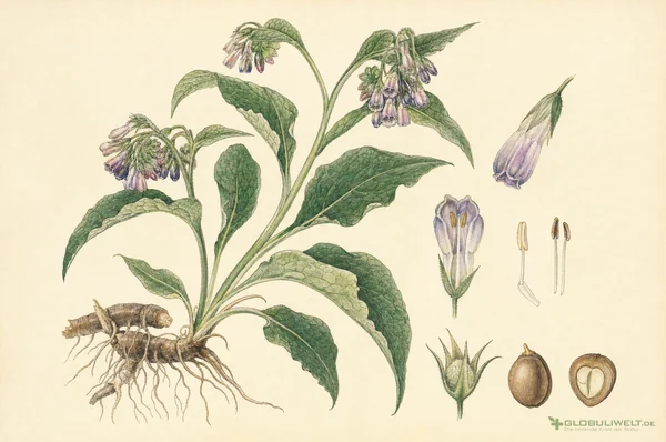 Botanische Illustration von Symphytum (Beinwell) – Ausgangssubstanz der homöopathischen Globuli