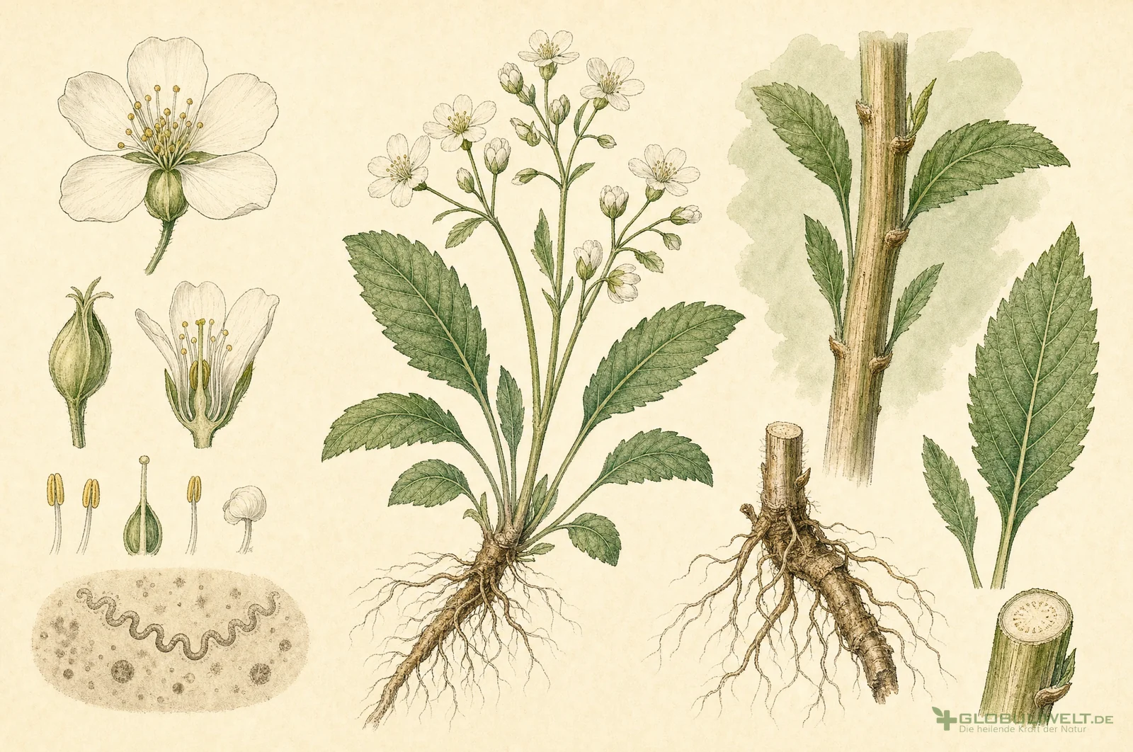 Botanische Illustration von Syphilinum (Syphilis Bakterium) (Syphilis-Nosode (Treponema pallidum)) – Ausgangssubstanz der homöopathischen Globuli