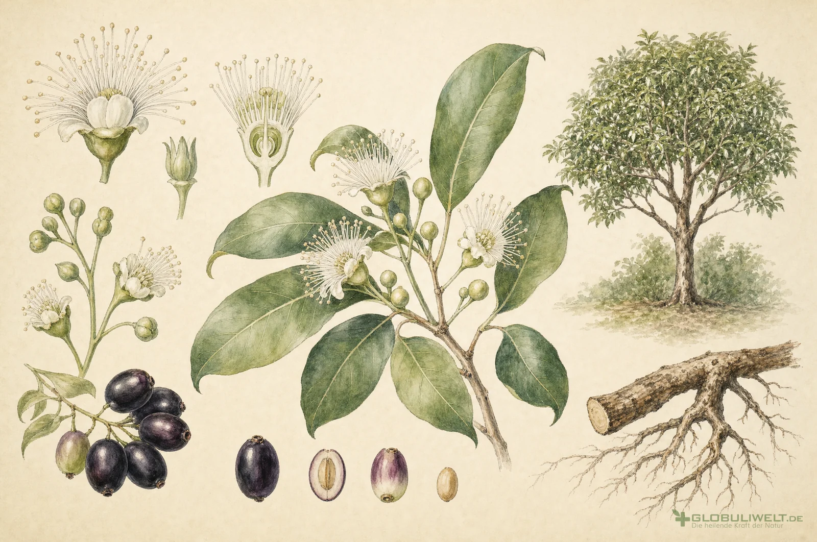 Botanische Illustration von Syzygium jambolanum (Jambulbaum) – Ausgangssubstanz der homöopathischen Globuli