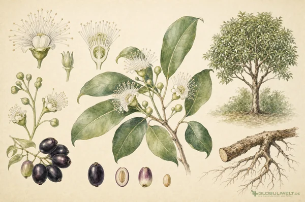 Botanische Illustration von Syzygium jambolanum (Jambulbaum) – Ausgangssubstanz der homöopathischen Globuli