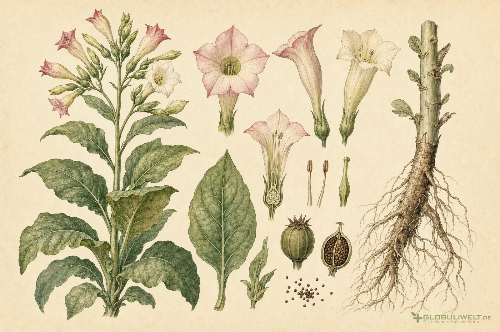Botanische Illustration von Tabacum (Tabak) (Tabak) – Ausgangssubstanz der homöopathischen Globuli