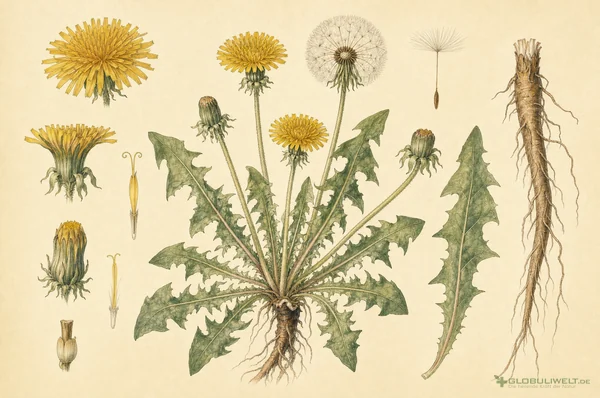 Botanische Illustration von Taraxacum officinale (Löwenzahn) – Ausgangssubstanz der homöopathischen Globuli