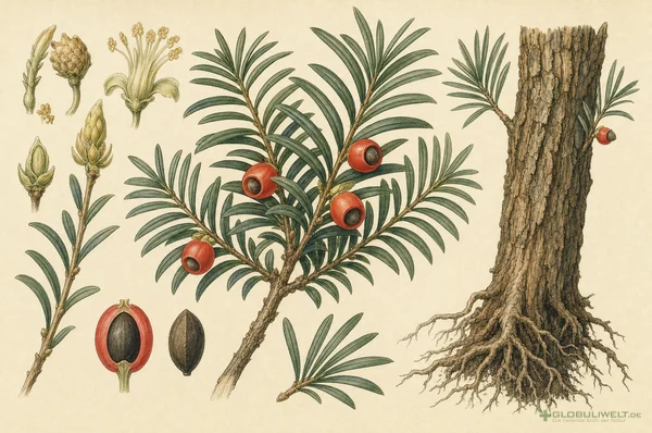 Botanische Illustration von Taxus baccata (Europäische Eibe) – Ausgangssubstanz der homöopathischen Globuli