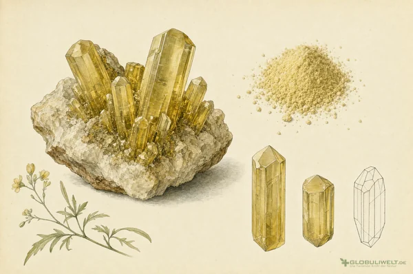 Mineralogische Illustration von Thiosinaminum (Senfölderivat) – Ausgangssubstanz der homöopathischen Globuli