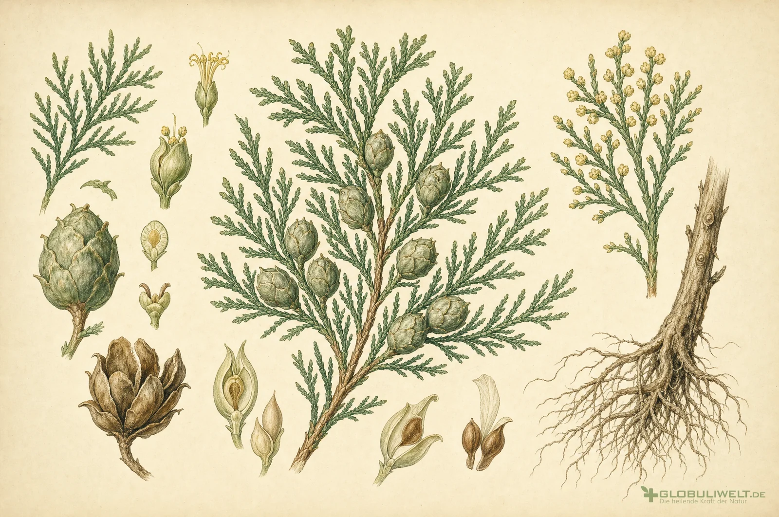 Botanische Illustration von Thuja Occidentalis (Lebensbaum) – Ausgangssubstanz der homöopathischen Globuli