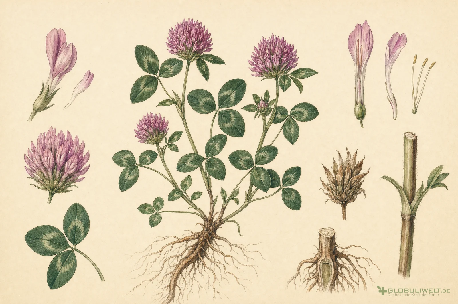 Botanische Illustration von Trifolium pratense (Rotklee) – Ausgangssubstanz der homöopathischen Globuli