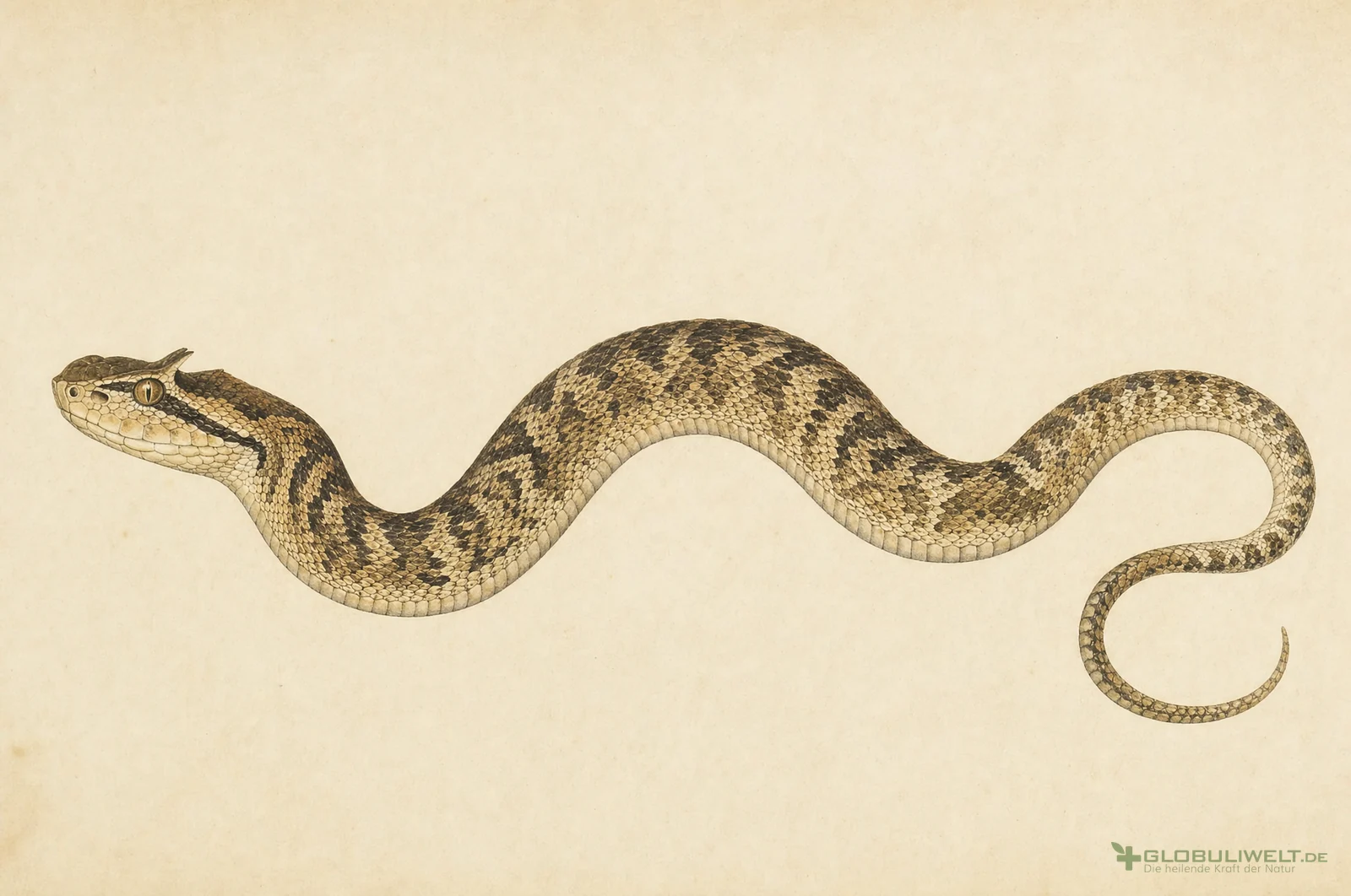 Naturhistorische Illustration von Trogoncephalus Lachesis (Buschmeisterschlange) (Buschmeisterschlange) – Ausgangssubstanz der homöopathischen Globuli