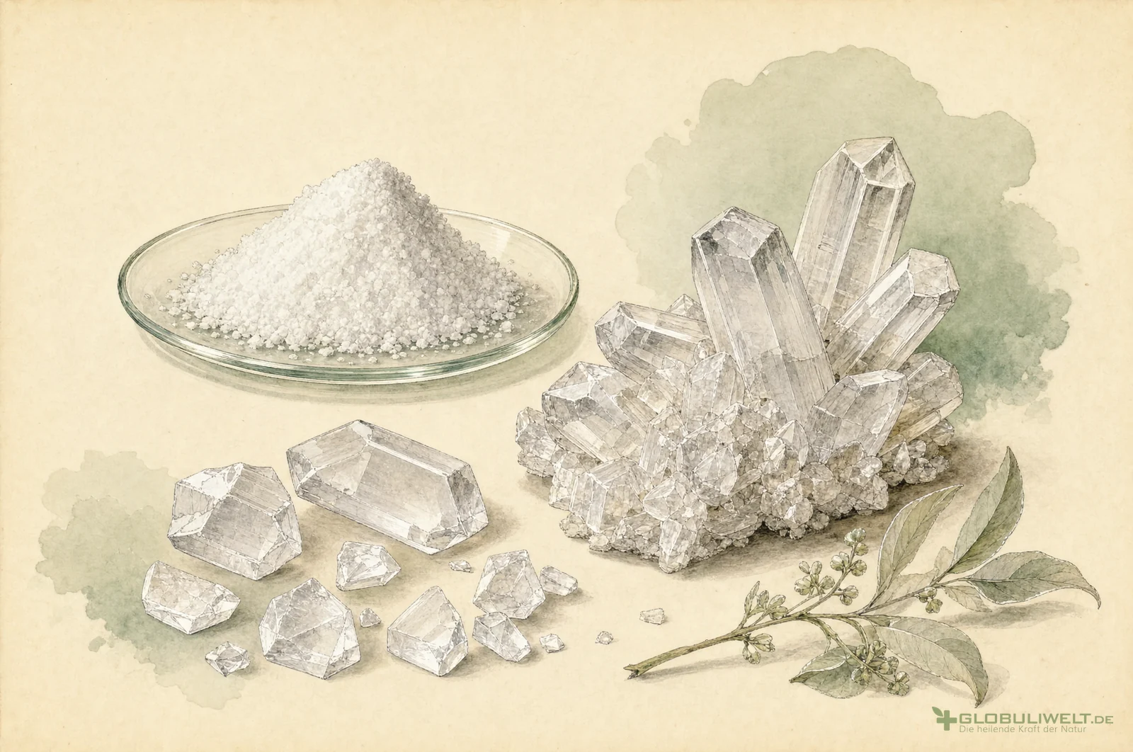 Mineralogische Illustration von Urea pura (Harnstoff) – Ausgangssubstanz der homöopathischen Globuli