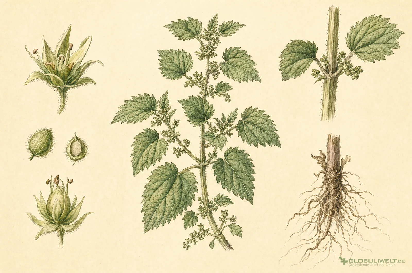 Botanische Illustration von Urtica Urens (kleine Brennnessel) (Kleine Brennnessel) – Ausgangssubstanz der homöopathischen Globuli