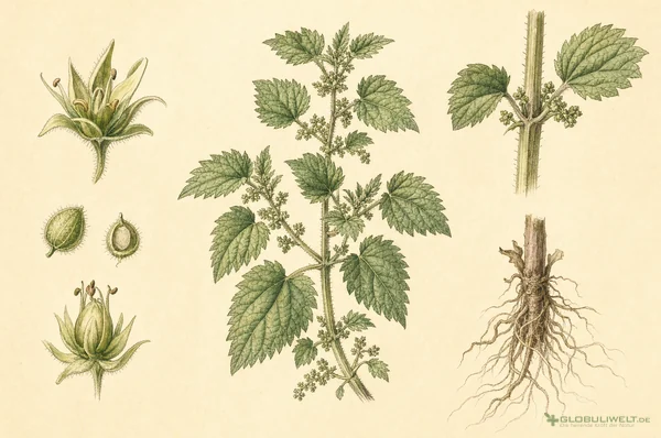 Botanische Illustration von Urtica Urens (kleine Brennnessel) (Kleine Brennnessel) – Ausgangssubstanz der homöopathischen Globuli