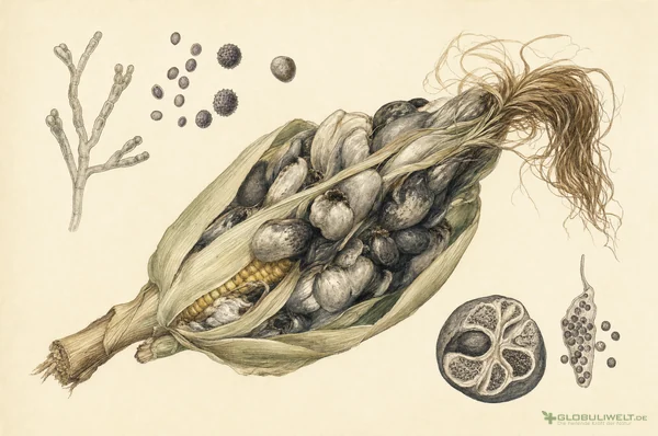 Botanische Illustration von Ustilago maydis (Maisbrand) – Ausgangssubstanz der homöopathischen Globuli