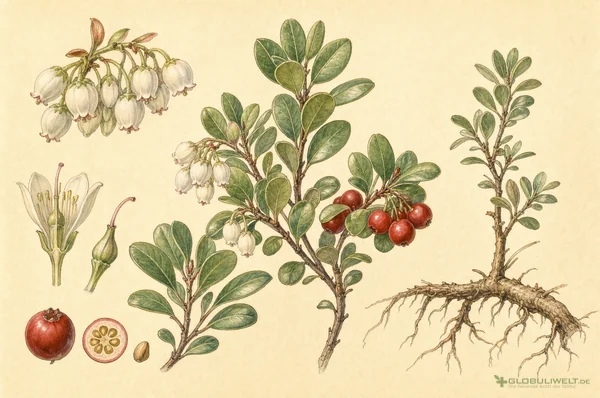 Botanische Illustration von Uva ursi (Bärentraube) – Ausgangssubstanz der homöopathischen Globuli