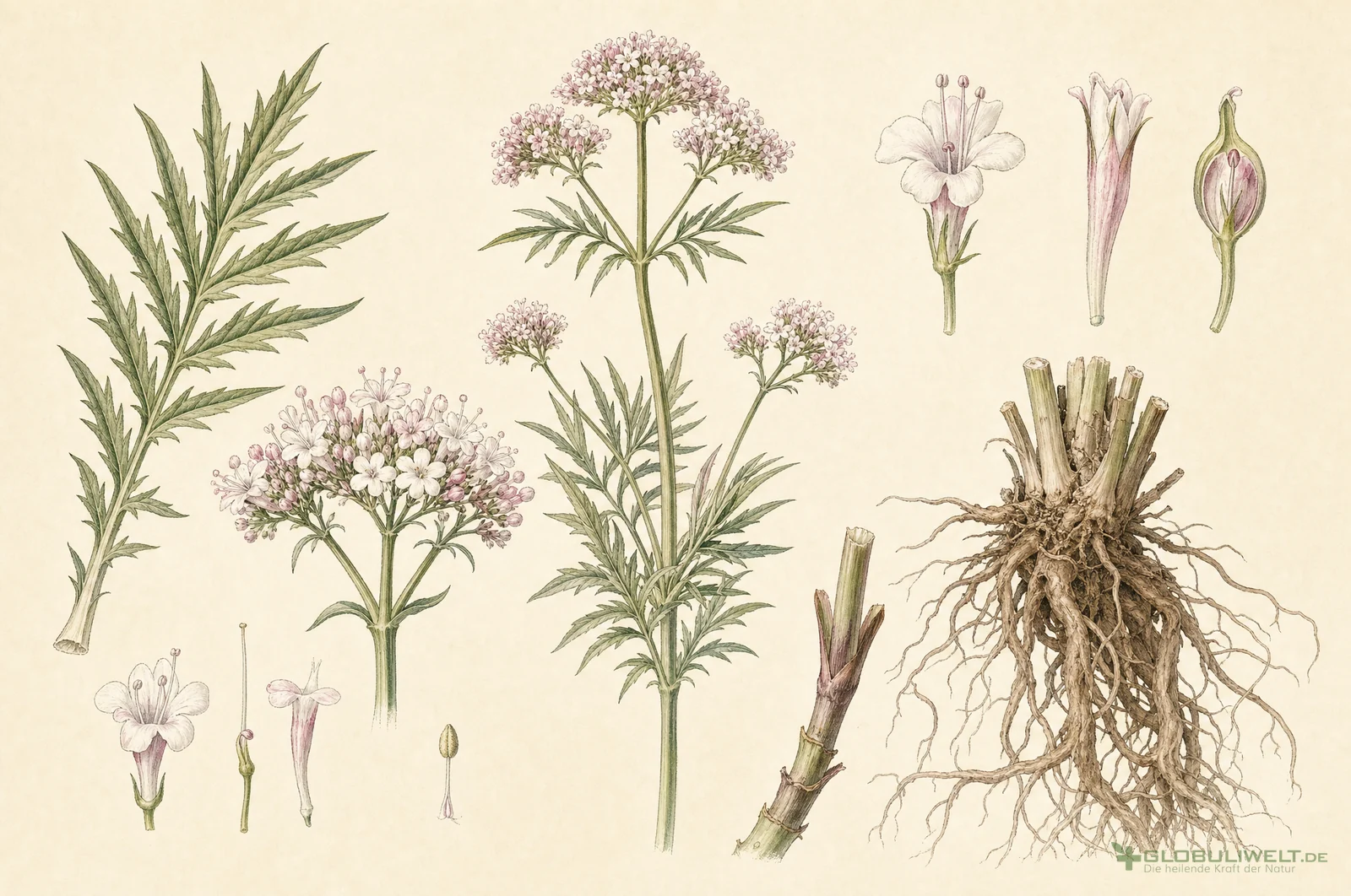 Botanische Illustration von Valeriana officinalis (Baldrian) – Ausgangssubstanz der homöopathischen Globuli