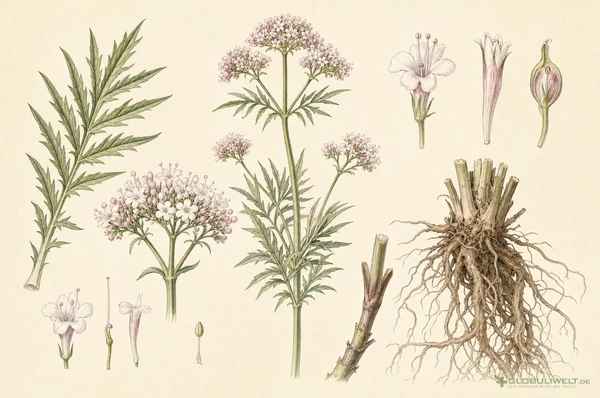 Botanische Illustration von Valeriana officinalis (Baldrian) – Ausgangssubstanz der homöopathischen Globuli