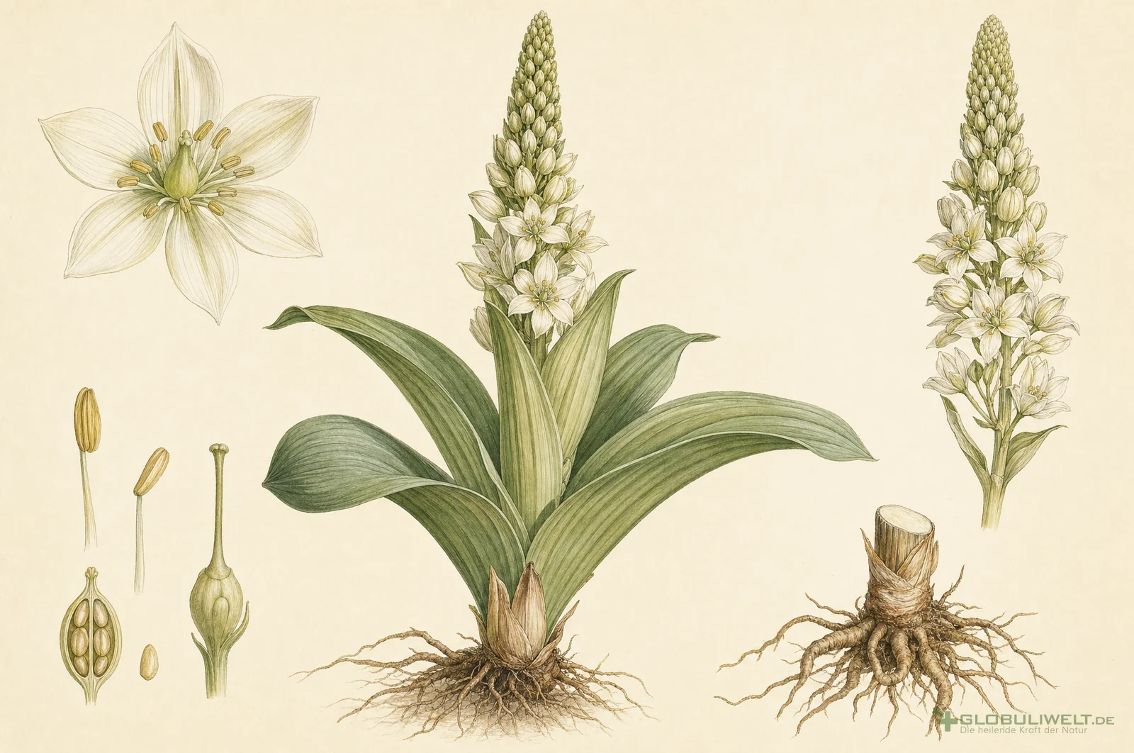 Botanische Illustration von Veratrum Album (weißer Germer) (Weißer Germer) – Ausgangssubstanz der homöopathischen Globuli