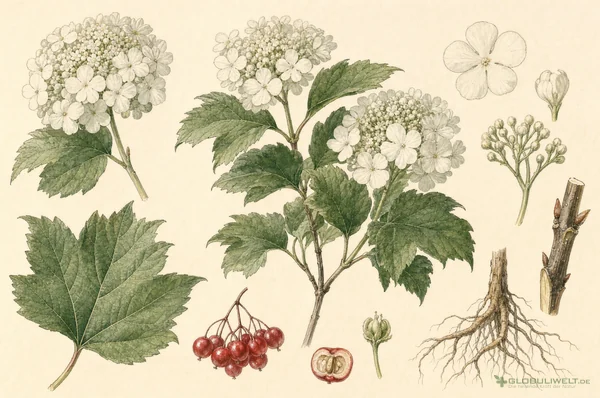Botanische Illustration von Viburnum opulus (Gewöhnlicher Schneeball) – Ausgangssubstanz der homöopathischen Globuli