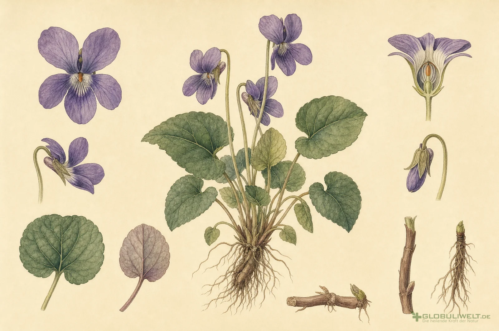 Botanische Illustration von Viola odorata (Duftveilchen) – Ausgangssubstanz der homöopathischen Globuli