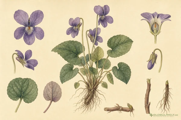 Botanische Illustration von Viola odorata (Duftveilchen) – Ausgangssubstanz der homöopathischen Globuli