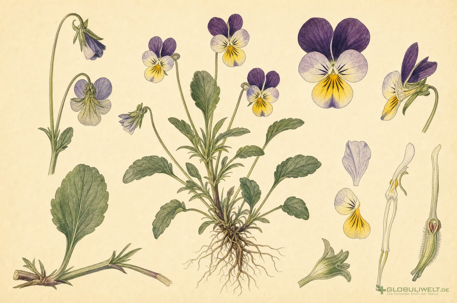 Botanische Illustration von Viola tricolor (Wildes Stiefmütterchen) – Ausgangssubstanz der homöopathischen Globuli