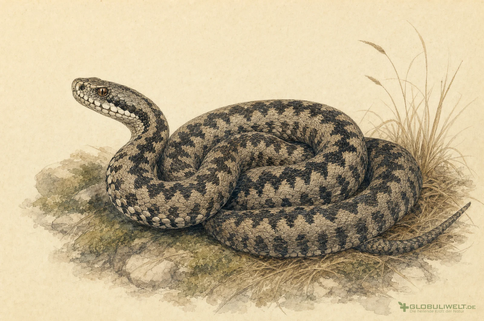 Naturhistorische Illustration von Vipera berus (Kreuzotter) – Ausgangssubstanz der homöopathischen Globuli
