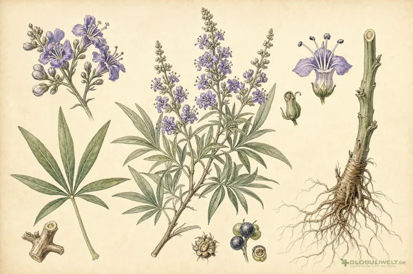 Botanische Illustration von Vitex agnus-castus (Mönchspfeffer) – Ausgangssubstanz der homöopathischen Globuli