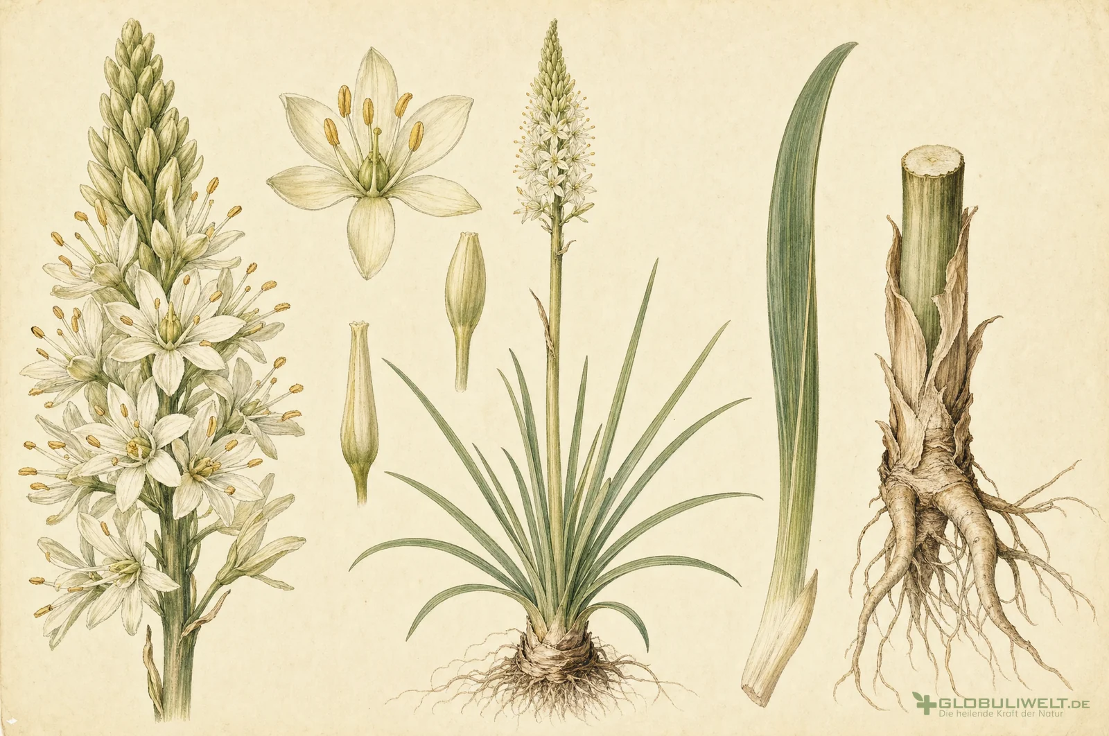 Botanische Illustration von Xerophyllum (Bärengras) (Bärengras) – Ausgangssubstanz der homöopathischen Globuli