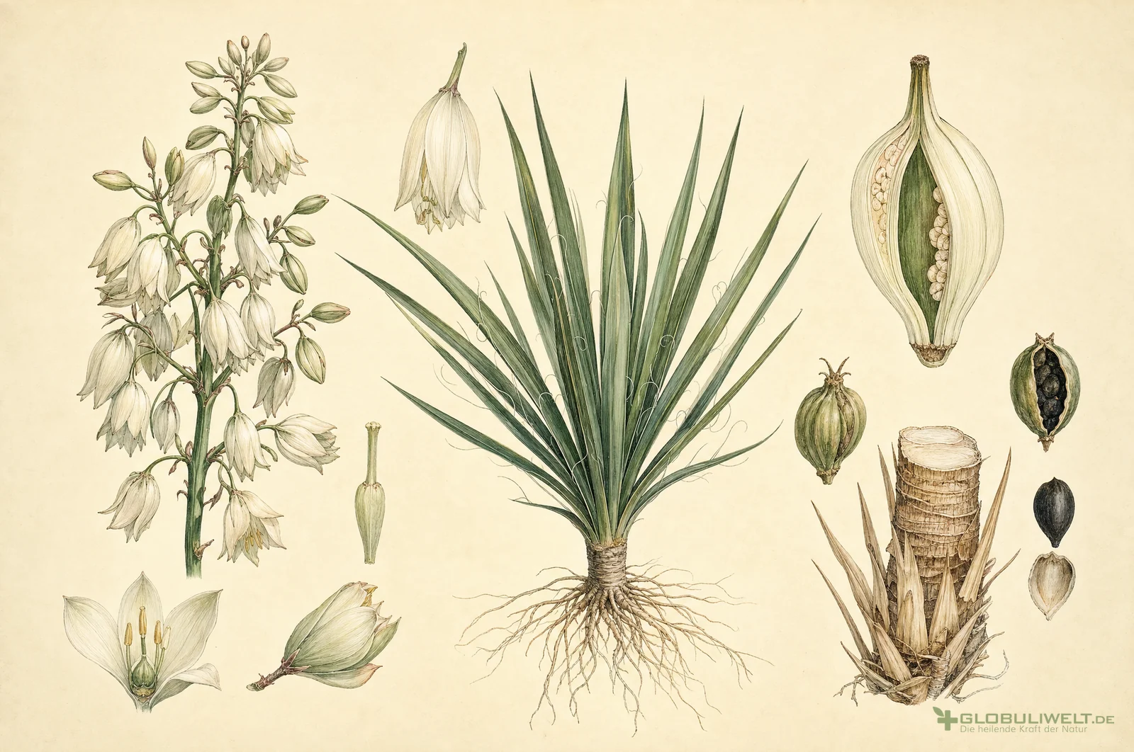Botanische Illustration von Yucca Filamentosa (Palmlilie) (Palmlilie) – Ausgangssubstanz der homöopathischen Globuli