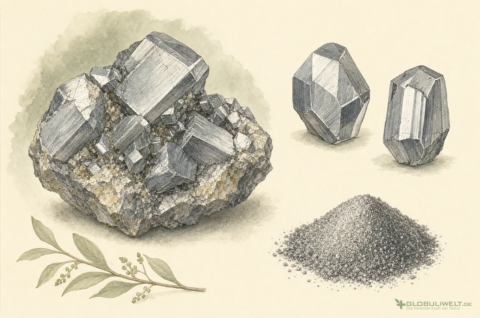 Mineralogische Illustration von Zincum Metallicum (Zink) (Zink) – Ausgangssubstanz der homöopathischen Globuli