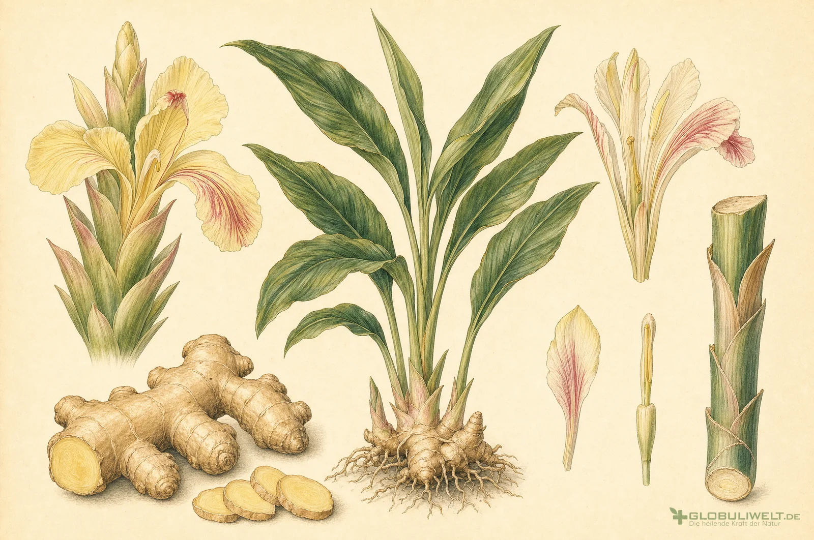 Botanische Illustration von Zingiber officinale (Ingwer) – Ausgangssubstanz der homöopathischen Globuli
